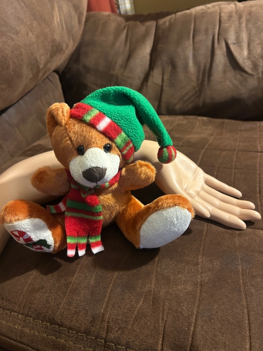 Holiday Plush Teddy Bear with Striped Hat and Scarf
